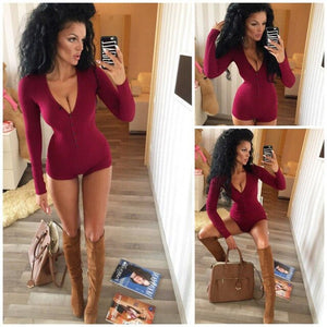 Sexy V Neck Cotton Bodysuit Long Sleeve