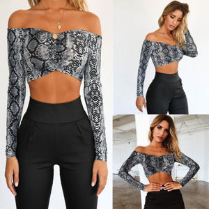 Snake Skin Print Crop Tank Tee Blouse Off Shoulder