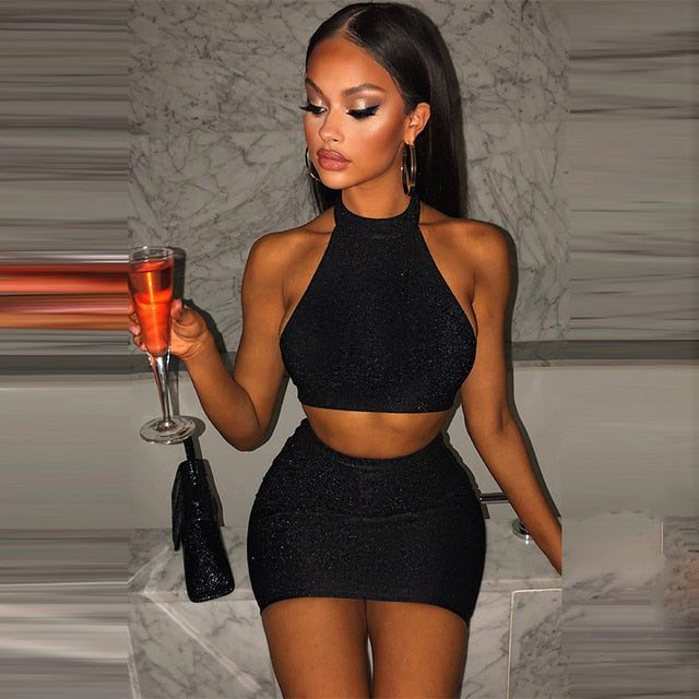 Glitter Sexy Clubwear 2 Piece Halter Top And Skirt outfits