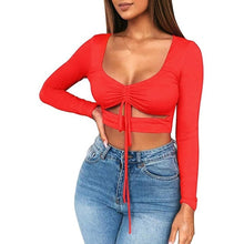 Load image into Gallery viewer, Solid Color Sexy Ruched Tie Up Crop Top
