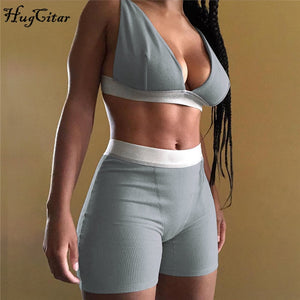 Sleeve V-Neck Sexy Crop Tank Top Biker Shorts 2 Piece Set