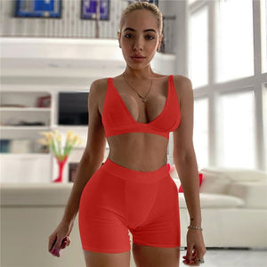 Sleeve V-Neck Sexy Crop Tank Top Biker Shorts 2 Piece Set