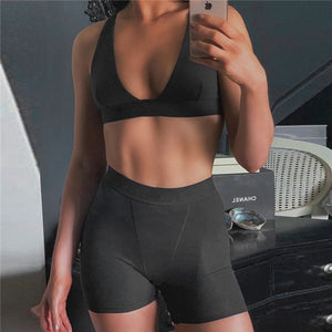 Sleeve V-Neck Sexy Crop Tank Top Biker Shorts 2 Piece Set