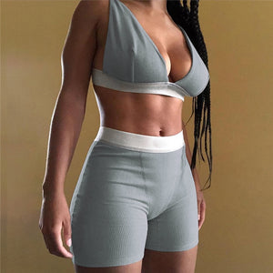 Sleeve V-Neck Sexy Crop Tank Top Biker Shorts 2 Piece Set