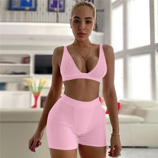 Sleeve V-Neck Sexy Crop Tank Top Biker Shorts 2 Piece Set