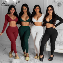 Load image into Gallery viewer, Ribbed V Neck Long Sleeve Crop Top And Leggings 2 Piece Outfits
