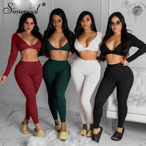 Ribbed V Neck Long Sleeve Crop Top And Leggings 2 Piece Outfits