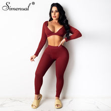 Load image into Gallery viewer, Ribbed V Neck Long Sleeve Crop Top And Leggings 2 Piece Outfits
