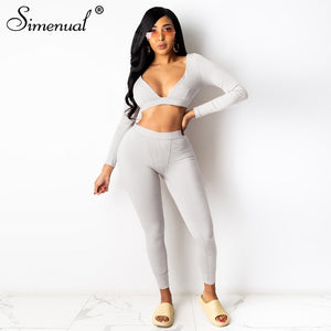 Ribbed V Neck Long Sleeve Crop Top And Leggings 2 Piece Outfits