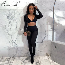 Load image into Gallery viewer, Ribbed V Neck Long Sleeve Crop Top And Leggings 2 Piece Outfits
