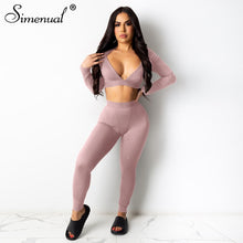 Load image into Gallery viewer, Ribbed V Neck Long Sleeve Crop Top And Leggings 2 Piece Outfits
