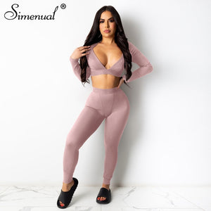 Ribbed V Neck Long Sleeve Crop Top And Leggings 2 Piece Outfits